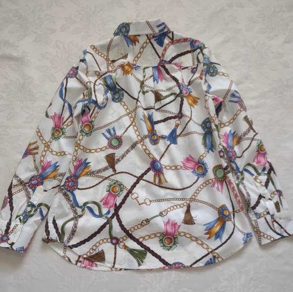 Talbots links and ribbons chain link equestrian print long sleeves shirt - Picture 7 of 9